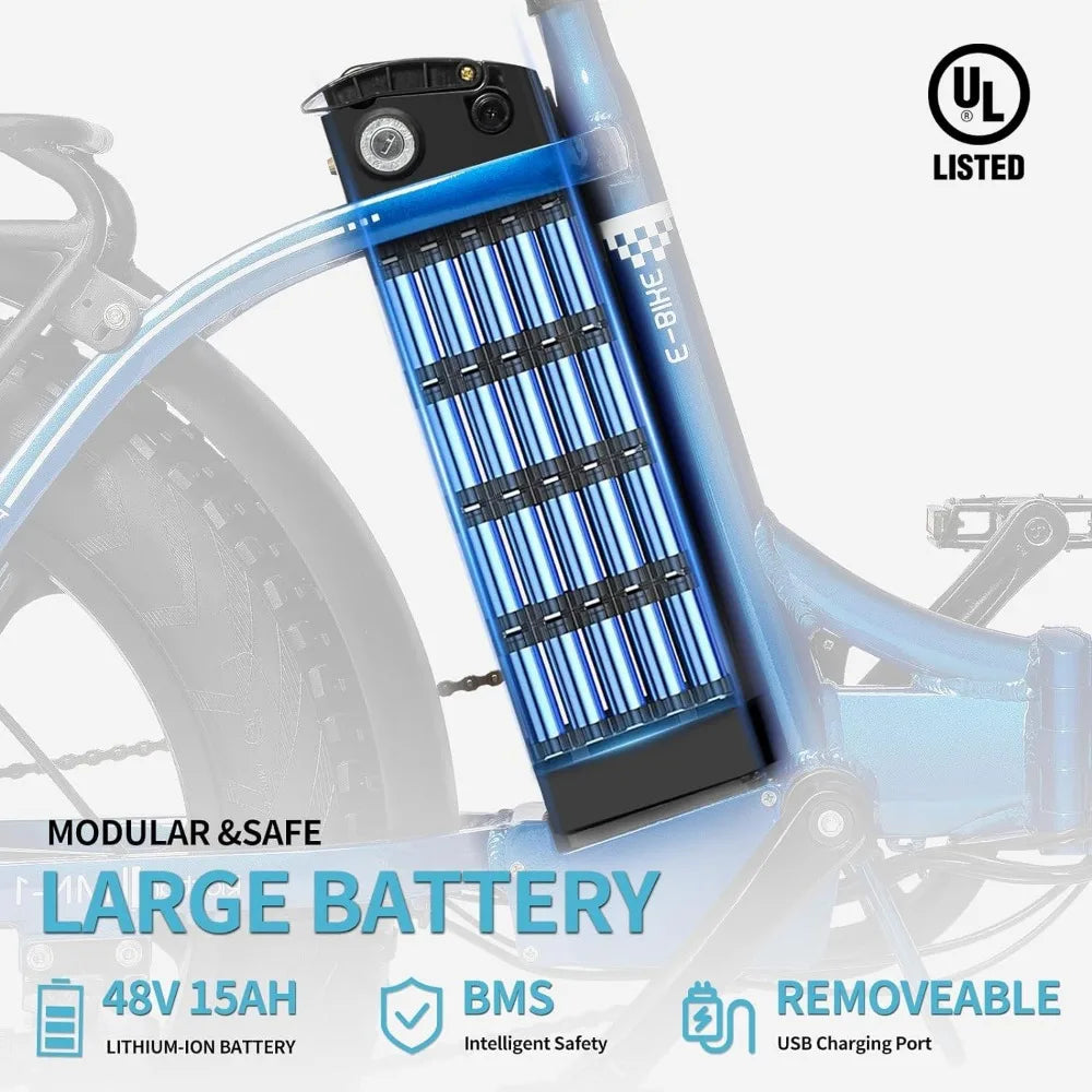 Adult Electric Bike - 1000/1500W, 30/36 MPH, 48V 15/20Ah Removable Battery with 20''/26" Fat Tire 7 Speed Folding Electric Bike