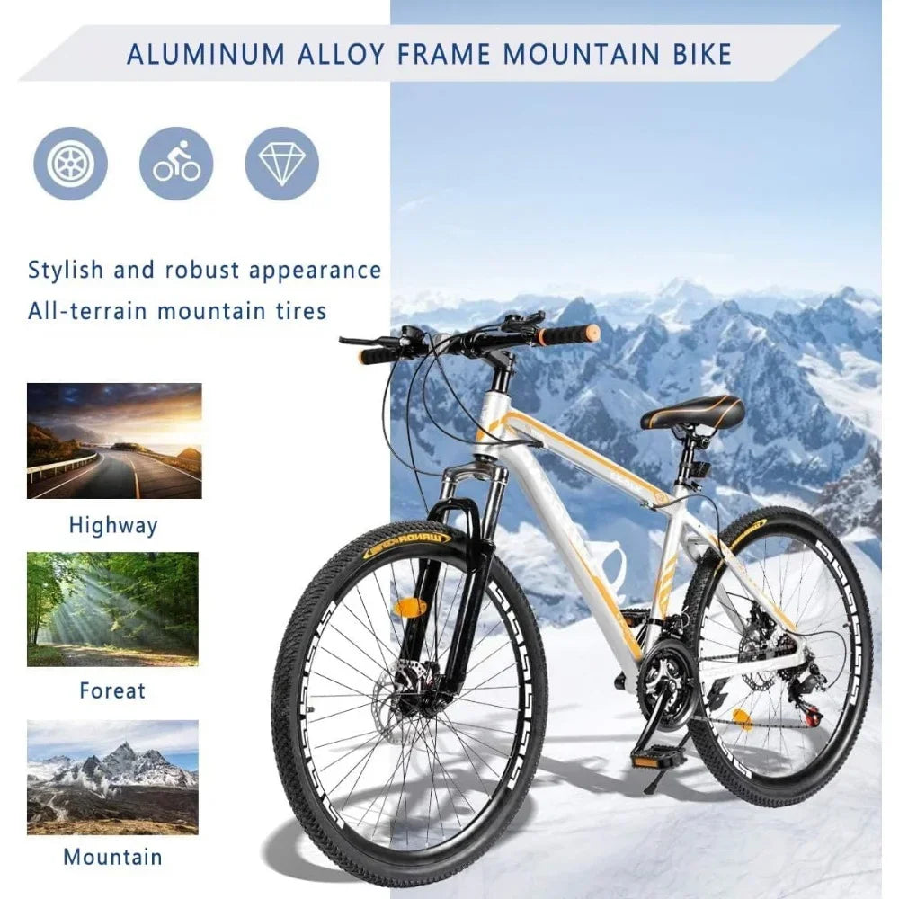 26 Inch Mountain Bike, Aluminum Frame, 21-Speed Dual Disc Brake Bicycle with Lock-Out Suspension Fork, Nomal Wheels Bicycles