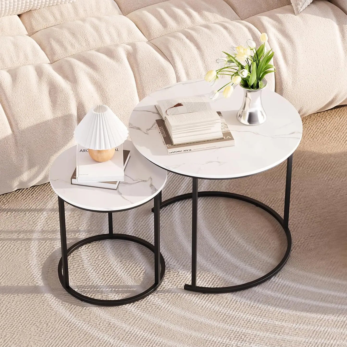 Coffee Table Nesting Black Set of 2 Side - Black Frame and Round Black Marble Wood Table, Industrial End Table Side .