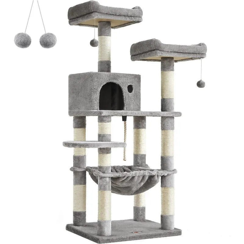 Cat Tree, Cat Tower for Indoor Cats, 56.3-Inch Cat Condo with Scratching Posts, Hammock, Plush Perch,