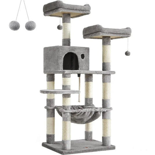 Cat Tree, Cat Tower for Indoor Cats, 56.3-Inch Cat Condo with Scratching Posts, Hammock, Plush Perch,