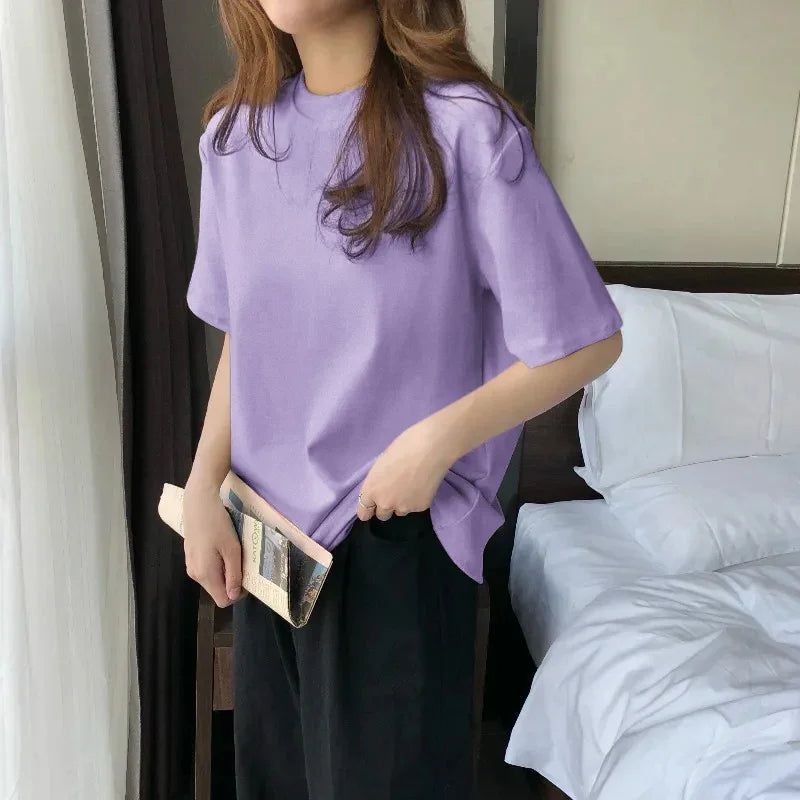 White short sleeve T-shirt women's summer 2023 loose simple cotton T-shirt round neck with five-point top trend