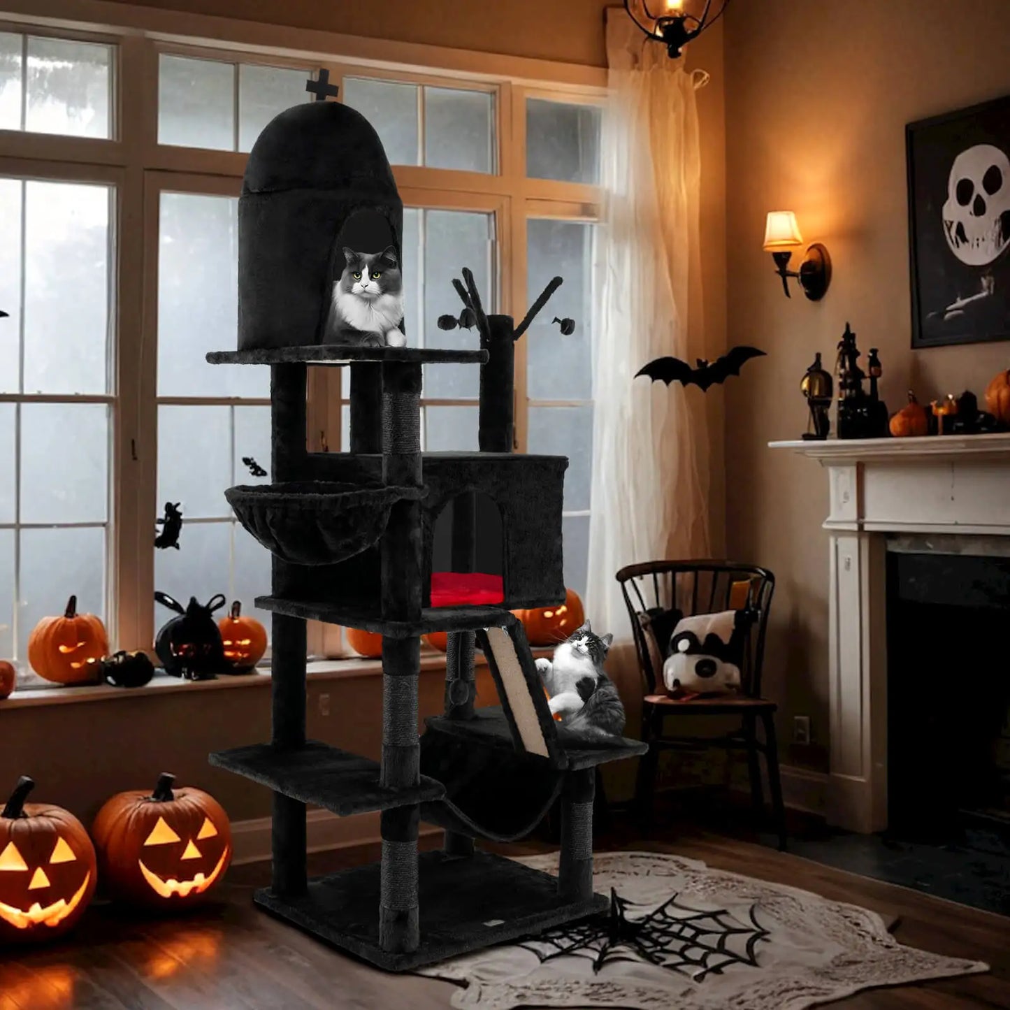 Gothic Cat Tree for Indoor Cats Black Large Cat Tower w/ 2 Cat Condos