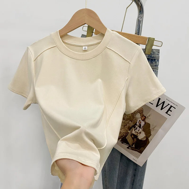 Solid color round Tops neck short sleeved slim fit T-shirt for women 2025 summer new western-style short shoulder shirt T-Shirt