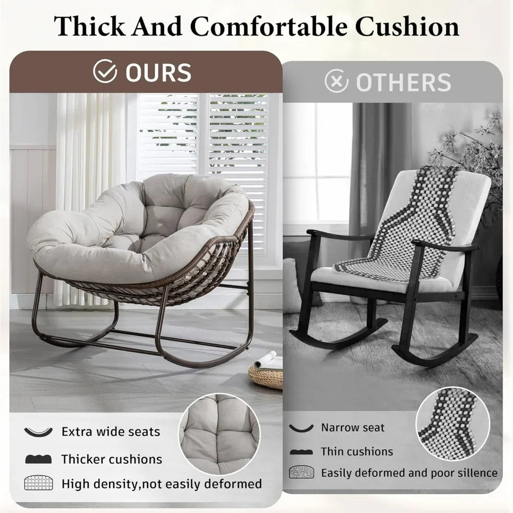 Oversized Rocking Papasan Chair with Thick Cushion and Frame Outdoor Rocker, Comfy Wicker Egg Chairs Lounge for Backyard Balcony