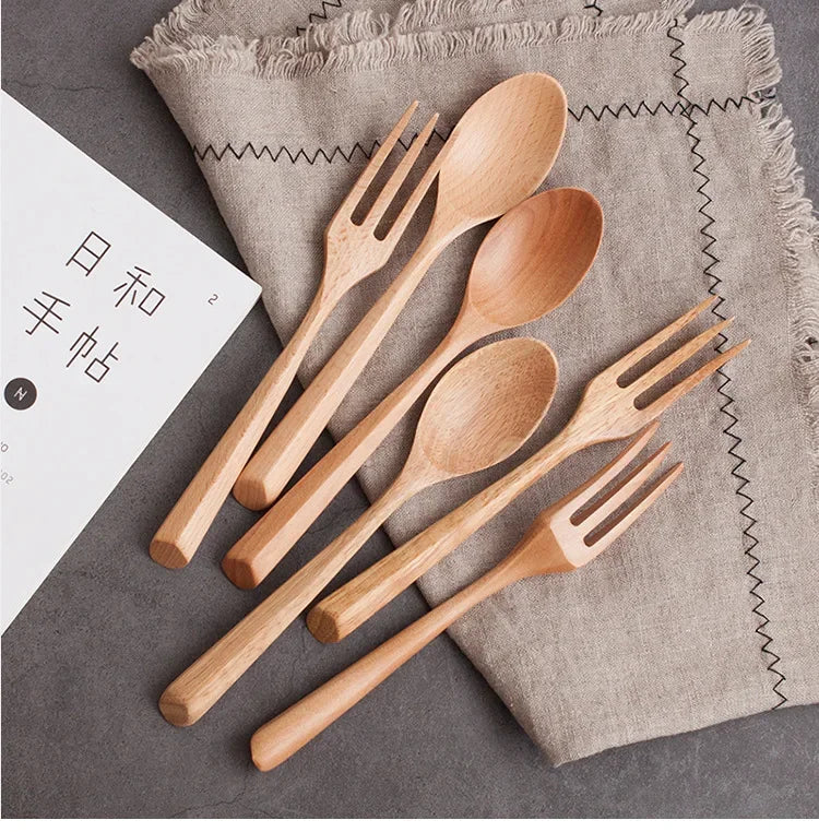 Natural Wooden Spoon Set Portable Eco-friendly Fork Tableware Cutlery Sets Travel Dinnerware Suit Simple Kitchen Tools