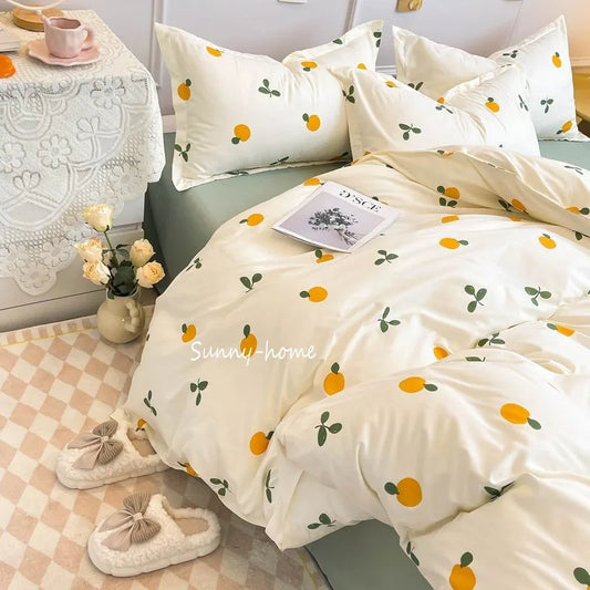 Ins Style Duvet Cover Set with Flat Sheet Pillowcases Cute Orange Cherry Crow Printed Single Double Queen Size Girls Bedding Kit