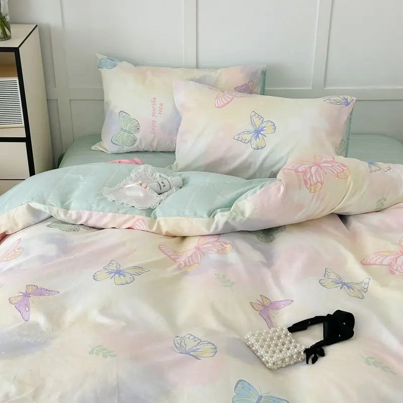 Pink Floral Bedding Set Soft Ins Single Double Queen Size Duvet Cover Flat Sheet Pillowcase Girls Home Totel Bed Linens