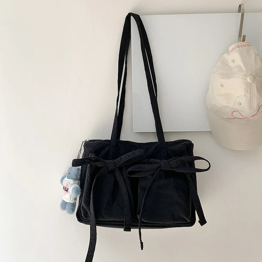 Women Fashion Shoulder Purse Zipper Closure Travel Tote Handbag Solid Color Nylon Grocery Purse Girls Outdoor Daily Bag
