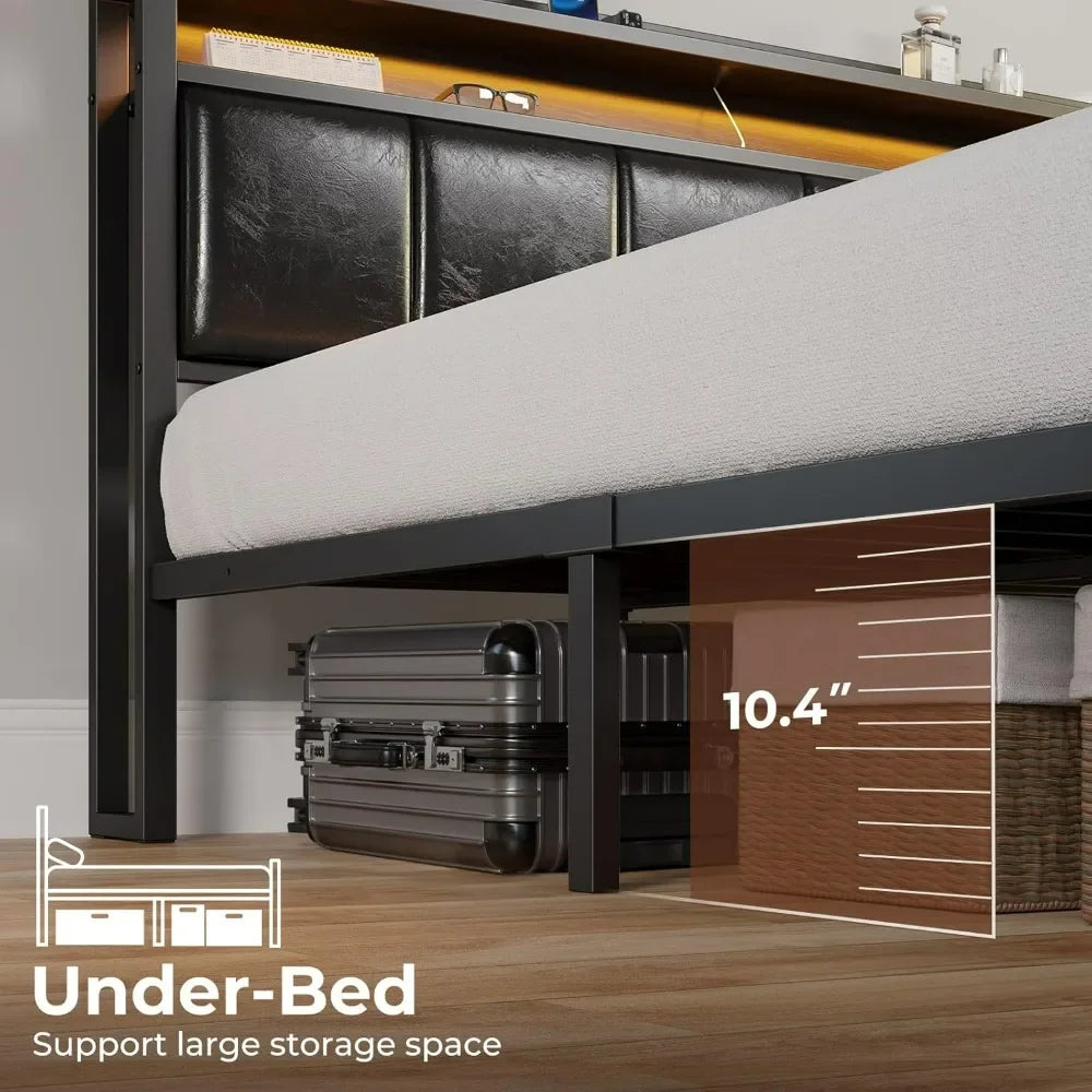 Bed Frame Twin Size with Charging Station and LED Lights, PU Leather Headboard with Storage Shelves, Heavy Duty Metal Slats