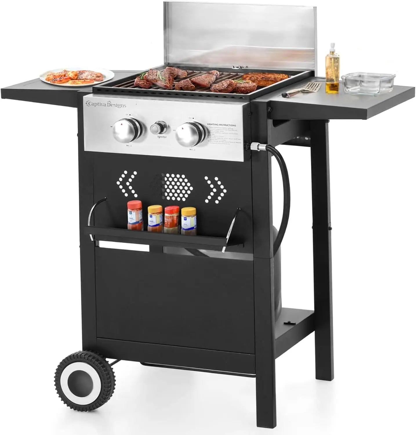 2-Burner Gas BBQ Grill With Flat Top, Small Outdoor Propane Barbecue Grill with Side Shelves