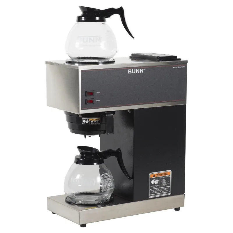 12-Cup Pourover Commercial Coffee Brewer with Upper and Lower Warmers and Two Glass Decanters, Black, Stainless, Standard