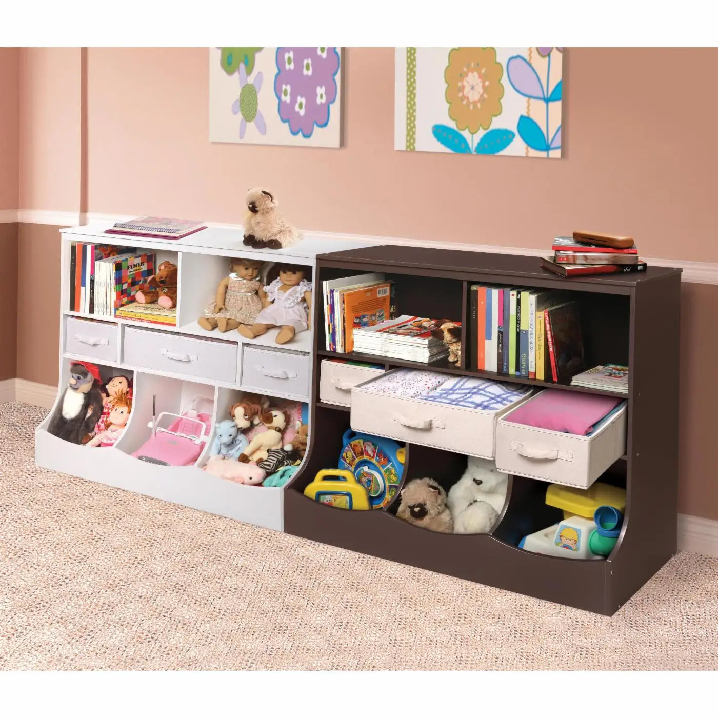 Kids Toy Storage Organizer, Organization Storage Cabinet W/Display Shelf & 3 Removable Fabric Bins, Wooden Toy Storage Unit