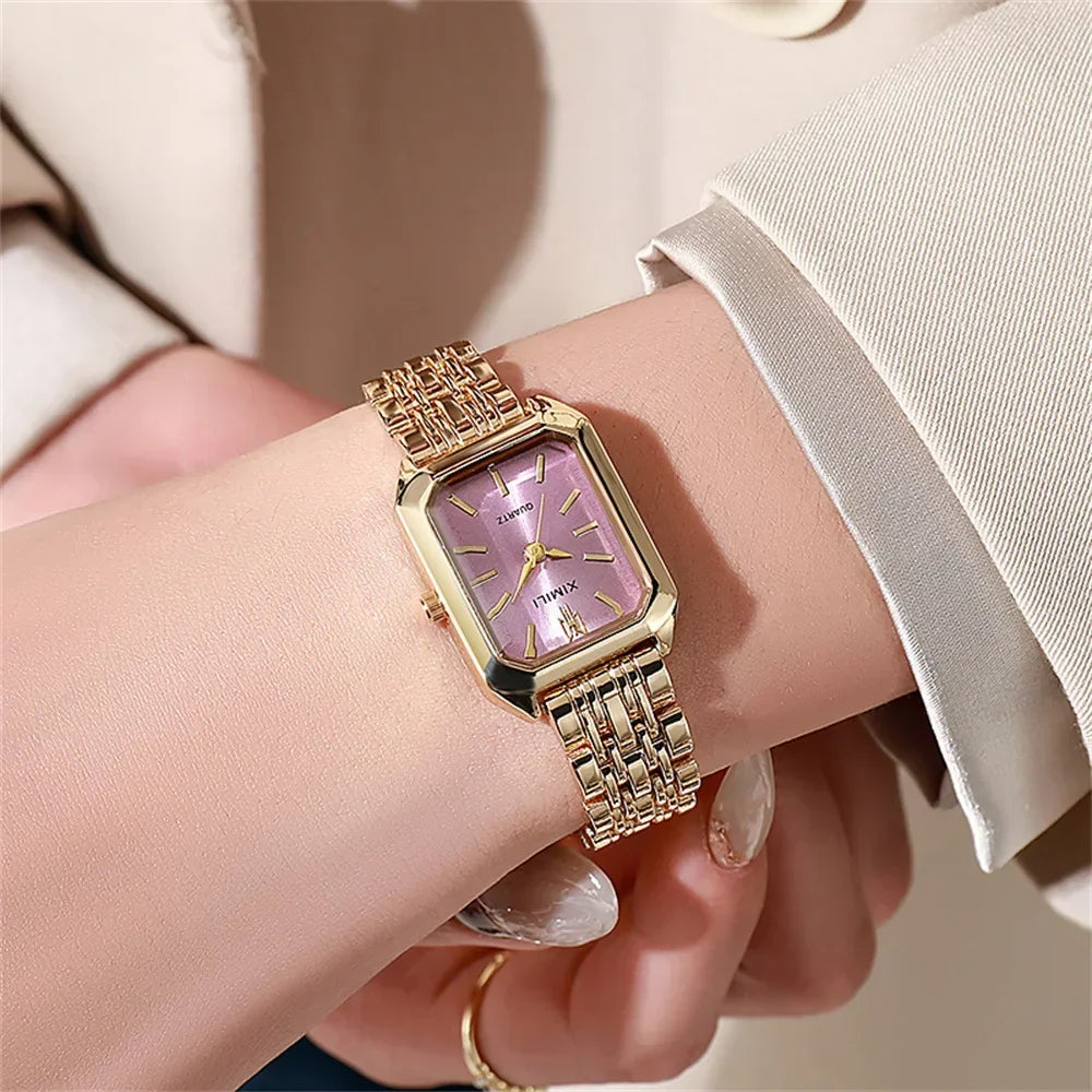 Luxury Ladies Bracelet Quartz Wristwatch Simple Scale Square Quality Gold Plated Women Watches Business Alloy Folding Clock