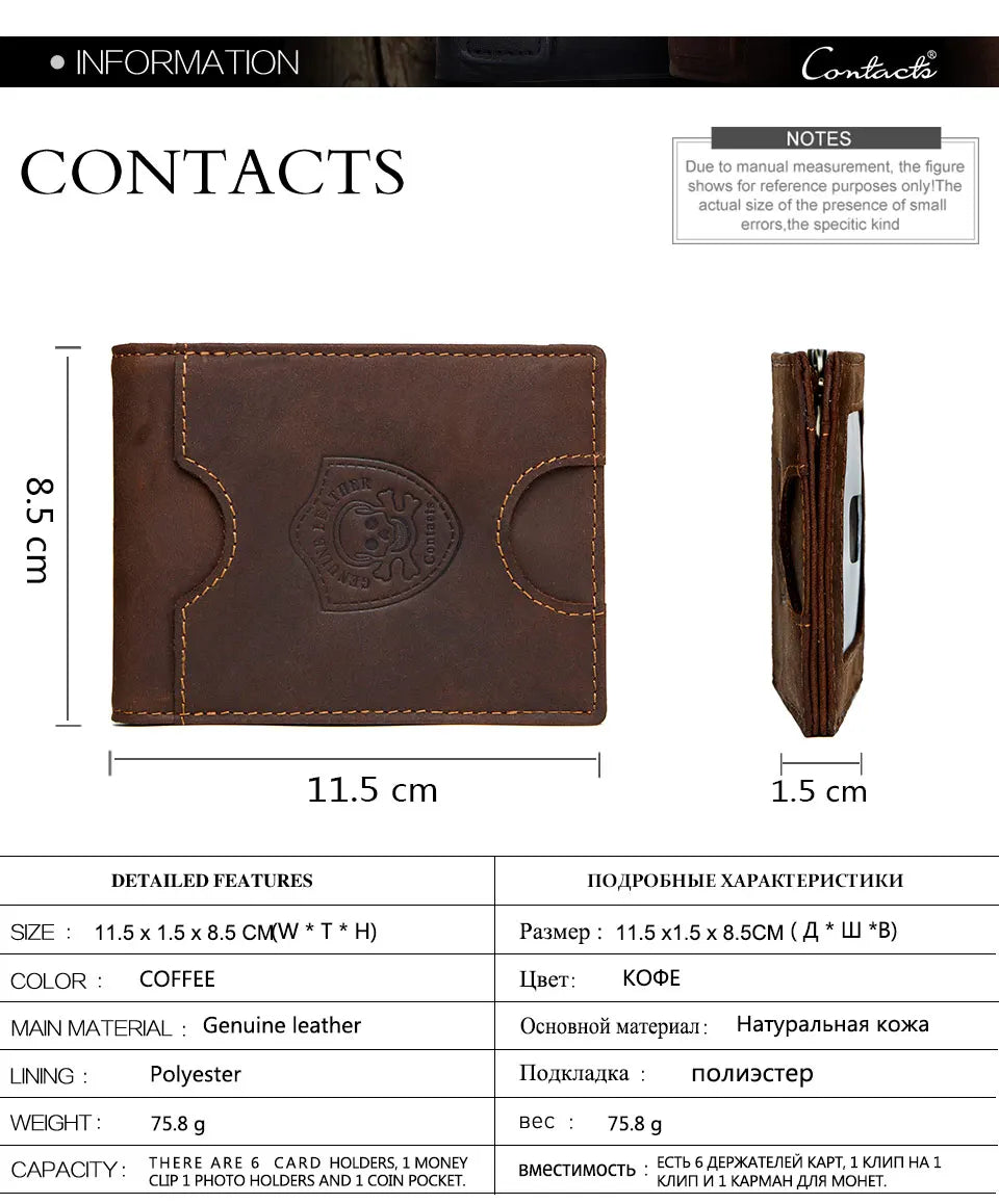 CONTACT'S men RFID Genuine Leather Card Wallet Slim Bifold  Money Clip Mini Purse Women Men Money Coin bag card holder pocket