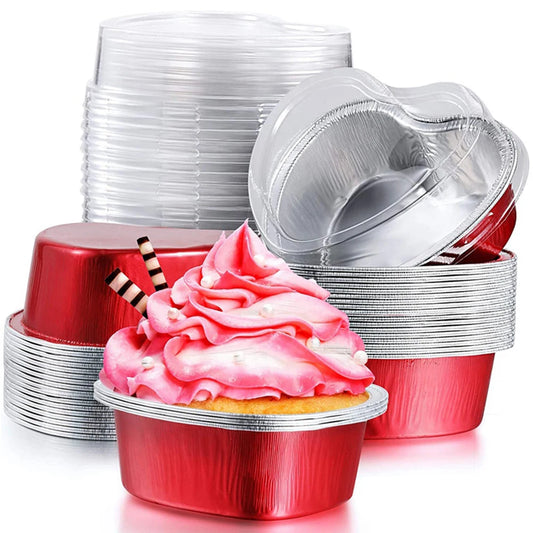 50 Pcs 100ml Tin Foil Cake Cup With Lid Heart-shaped Aluminum Foil Pudding Mousse Disposable Baking Tray Heat Resistant Mould