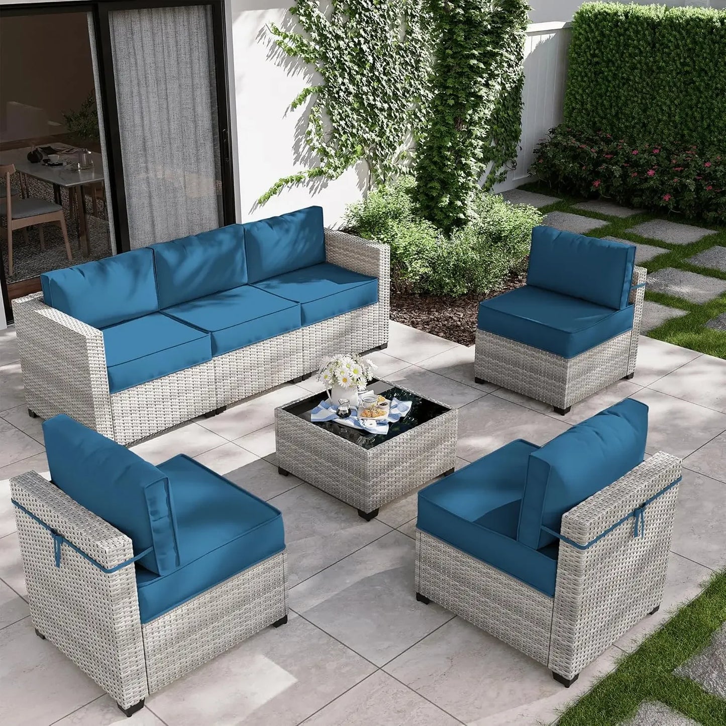 8-Piece Patio Furniture Set With Fire Pit Table, Seat Cushions Light Grey Outdoor Modular Wicker Conversation Set