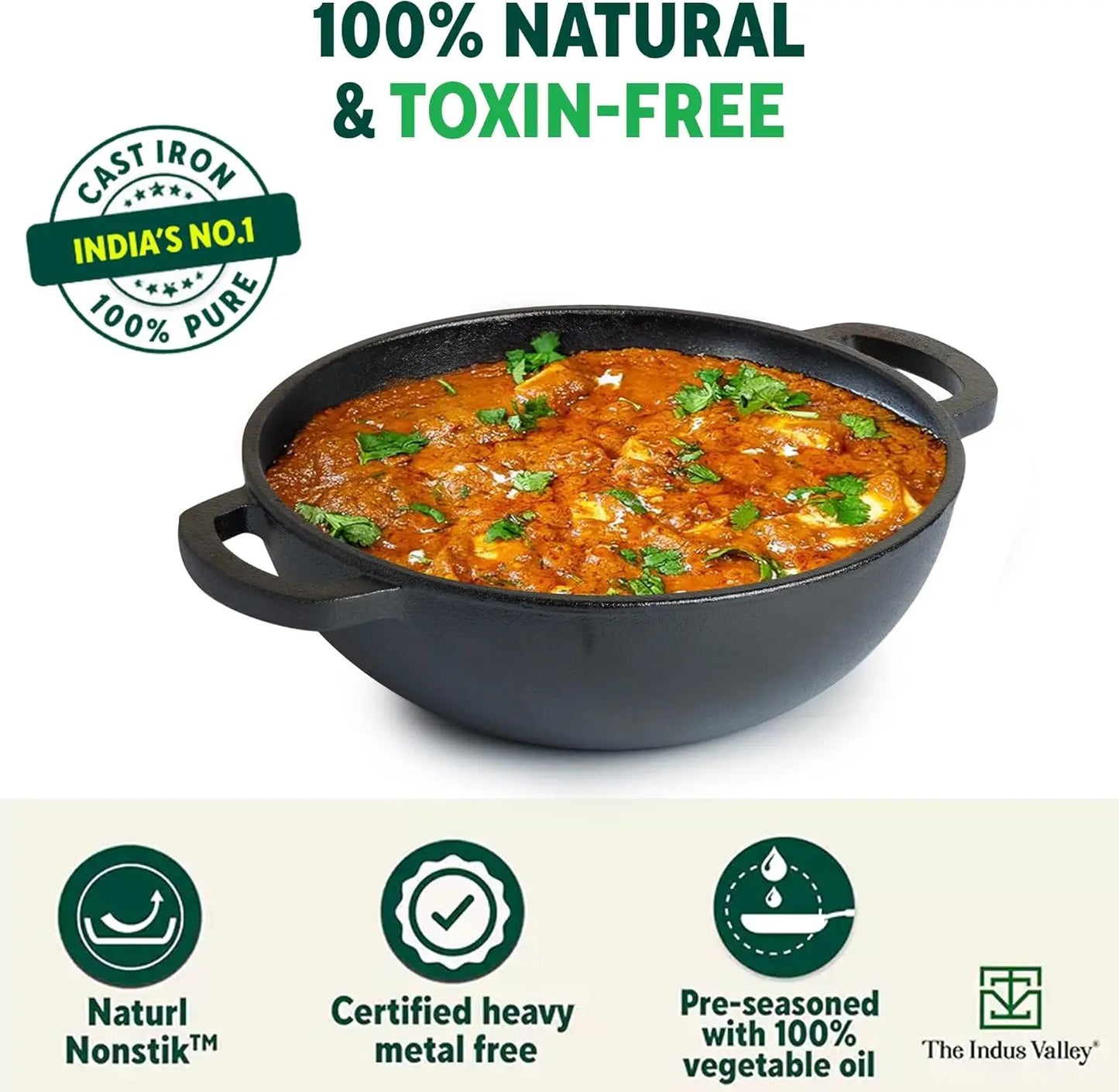 Pre-Seasoned Cast Iron Kadai with Flat Handles Free Wooden Flip | Medium, 25.4 cm/10 inch, 2.3Ltr, 2.5kg