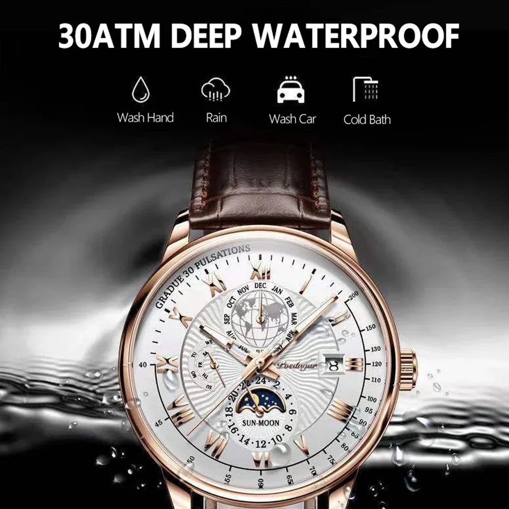 Luxury Man Watch Waterproof Chronograph Moon Phase Pattern Luminous Men's Wristwatch Leather Men Quartz Watches Casual Clock