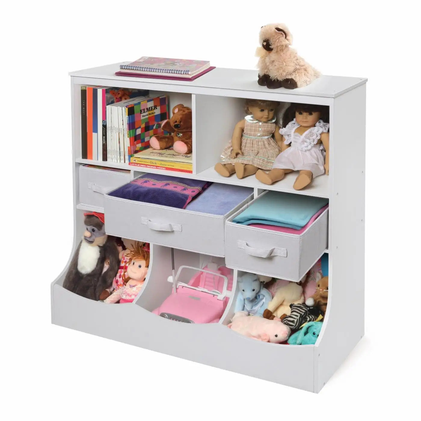 Kids Toy Storage Organizer, Organization Storage Cabinet W/Display Shelf & 3 Removable Fabric Bins, Wooden Toy Storage Unit