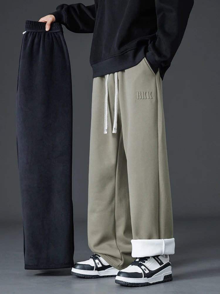Winter Thick Warm Fleece Sweatpants Men Wide Leg Baggy Track Pants Casual Cotton Joggers Straight Thermal Trousers Big Size 8XL