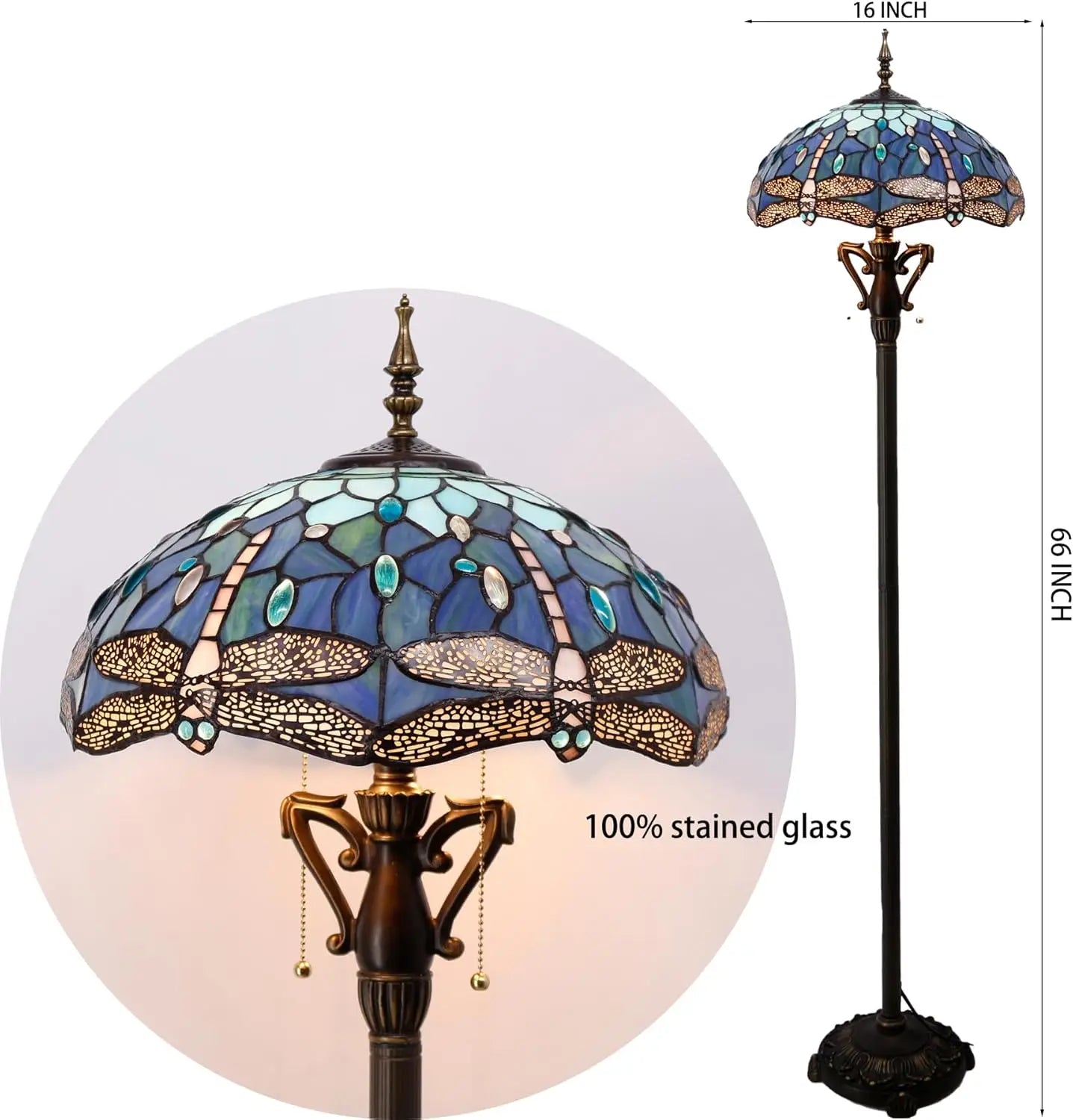 Tiffany Floor Lamp Blue Dragonfly Stained Glass Standing Reading Light 16X16X64 Inches Antique Pole Corner Lamp Decor Bedroom