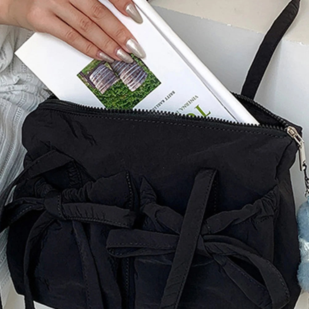 Women Fashion Shoulder Purse Zipper Closure Travel Tote Handbag Solid Color Nylon Grocery Purse Girls Outdoor Daily Bag