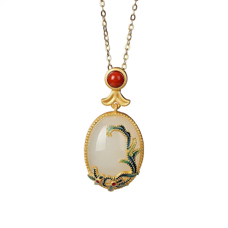 Gold Plated Cloisonne Jewelry Set Inlaid Hetian Jade Chinese Wind Vine Ladies Ring Earring Bracelet Pendant Necklace