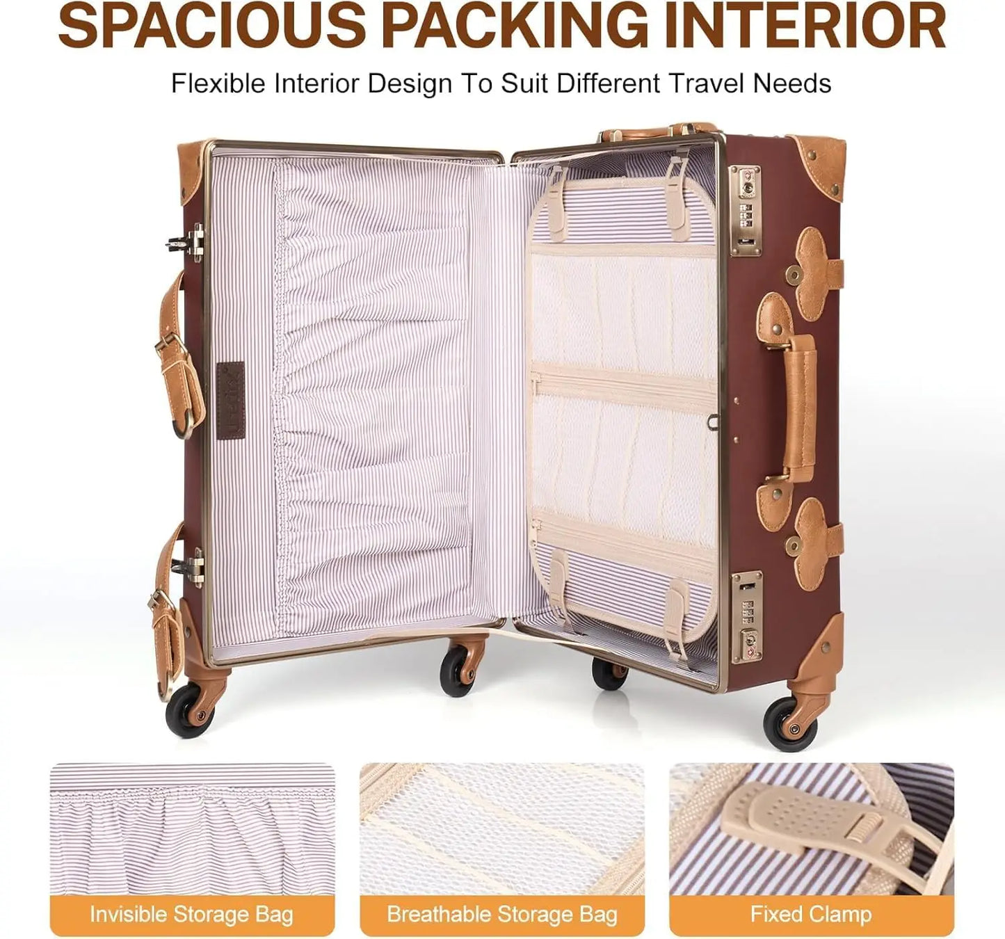 Urecity Vintage Luggage Set Of 2, Retro Suitcase Trunk With Wheels For Men And Women, Cute Designer Travel Luggage Set With