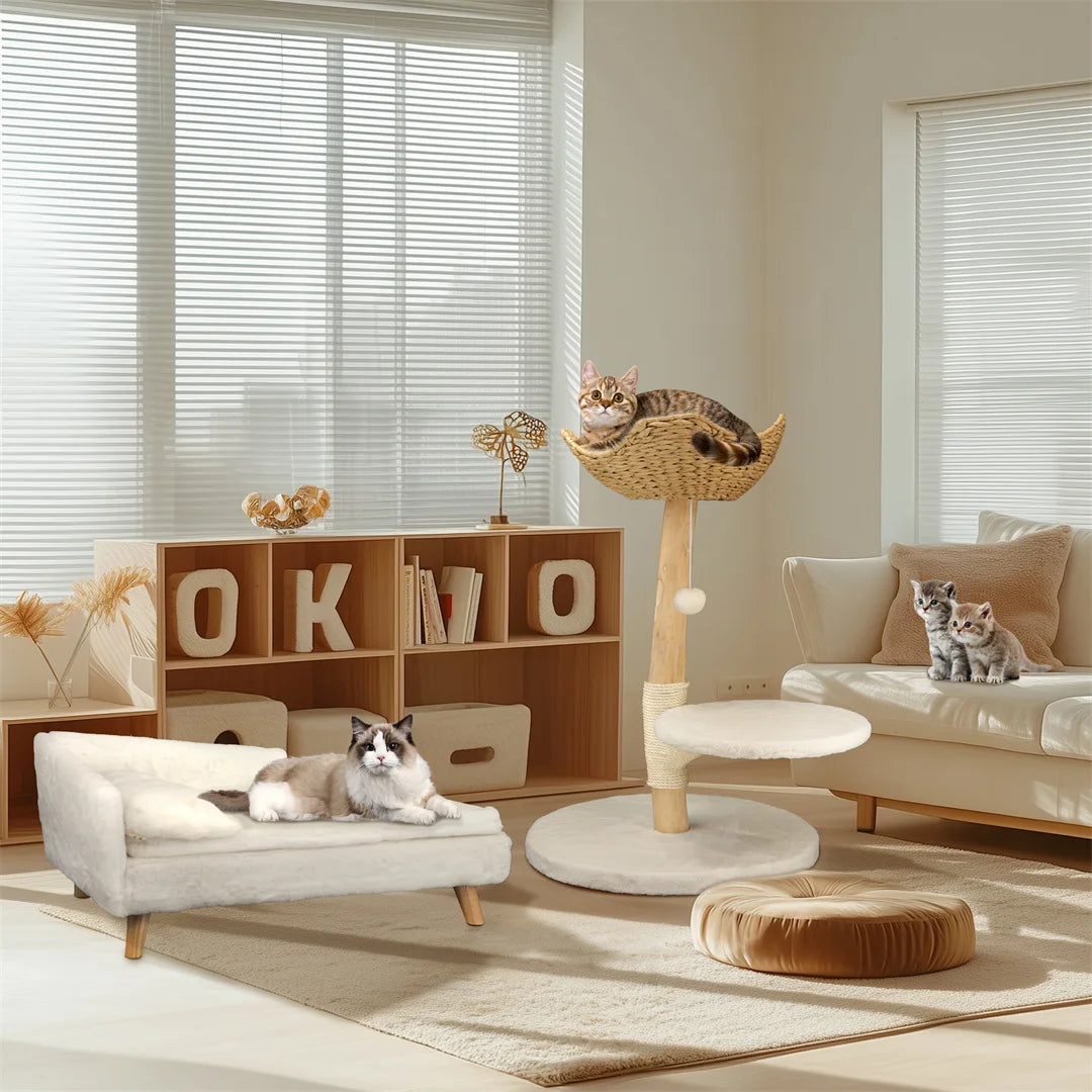 Modern Solid Wood Cat Tree Kitten Scratching Tree Activity Tower Center with Rest Dangling Toy Ball Sisal Scratching Post