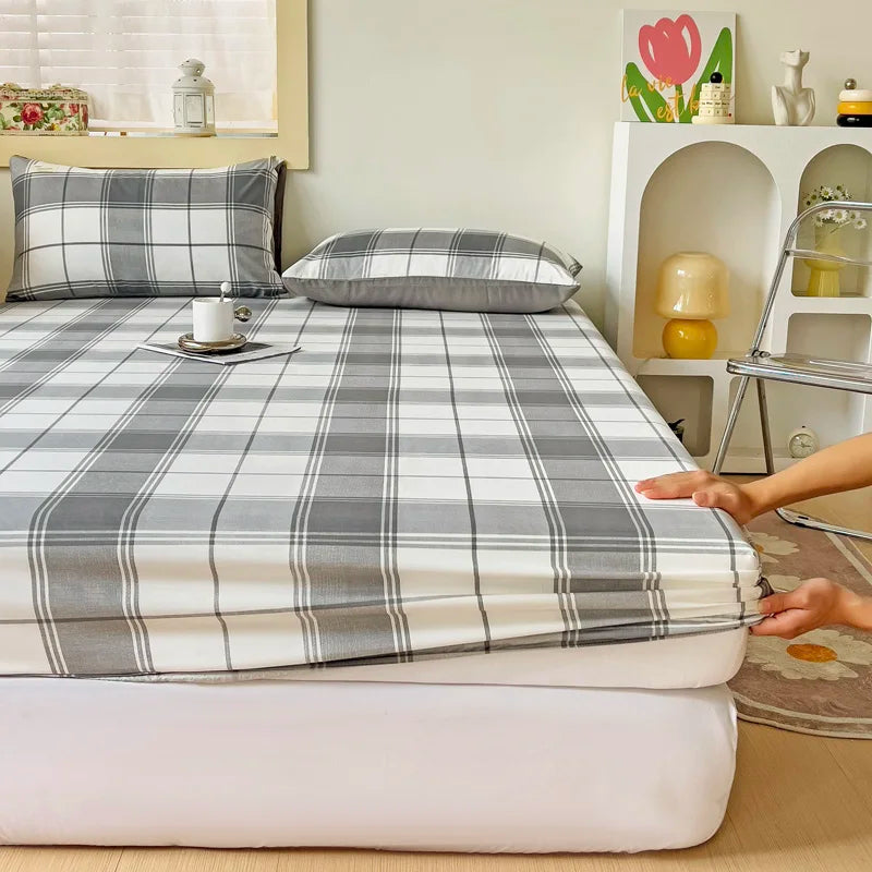 Simple Gray Checkered Fitted Sheet Set 3Pcs Geometric Plaid Non-slip Elastic Bed Cover with 2 Pillowcases Home Bedding Set