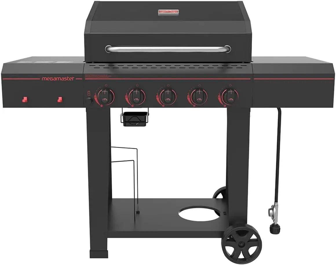 720-0982 5 Burner Propane Barbecue Gas Grill, Side Shelves with Hooks, for Outdoor Cooking, Patio, Garden Barbecue Grill,Black