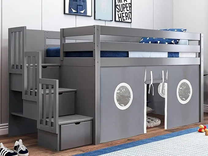 Kids Bed Frame, Contemporary Low Loft Twin Bed with A 3 Drawer Stairway, Cherry with Gray & White Tent, Bed Frame Children