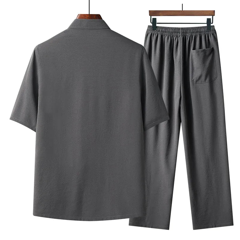 Chinese style Shirts + Pants summer 100% Cotton linen Sportswear Men's Casual Sets spring Male Fashion Chinese style trousers