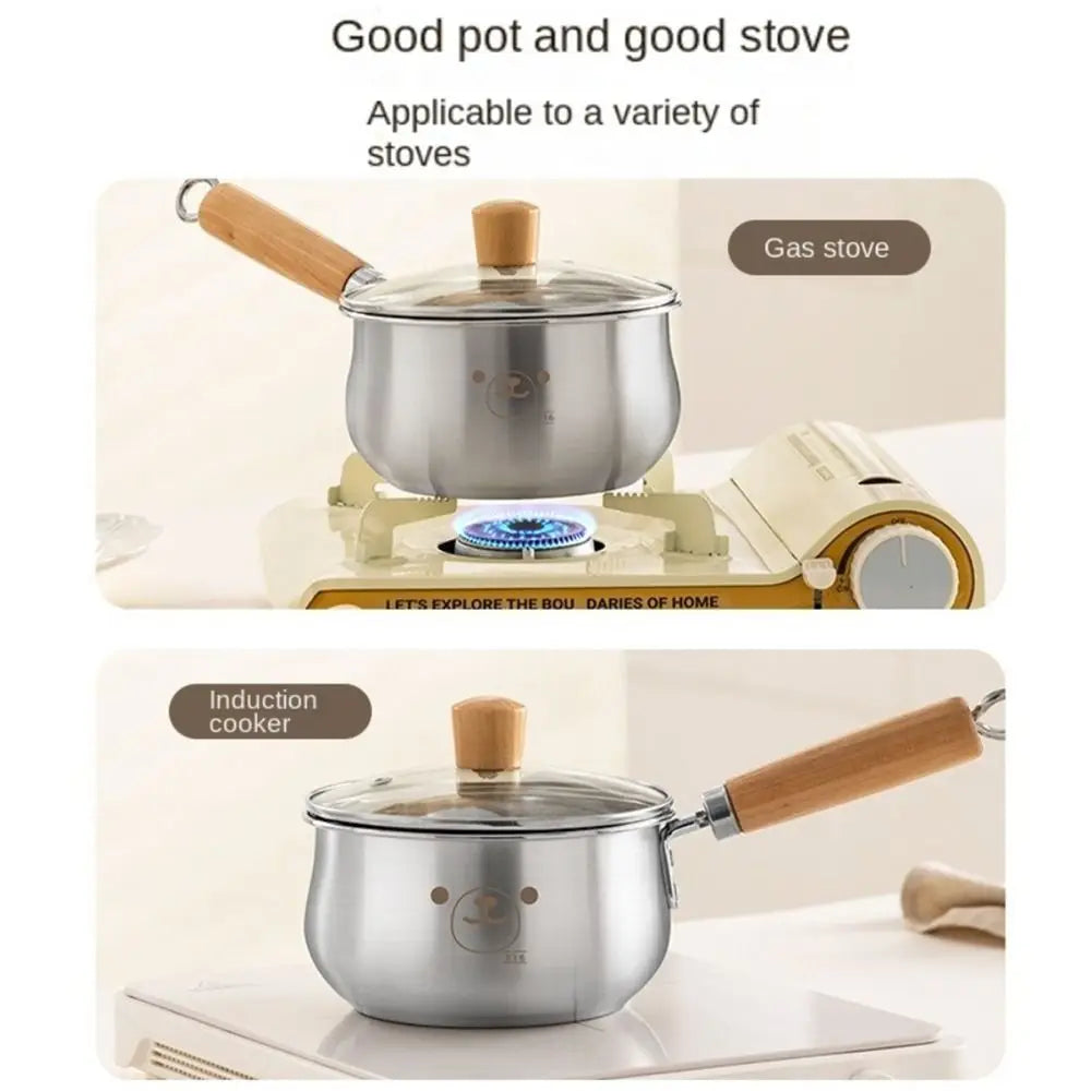 Practical 316 Stainless Steel Saucepan Soup Pot Cartoon Cookware Milk Pan with Lid Wooden Handle Stock Pot Kitchen Utensils