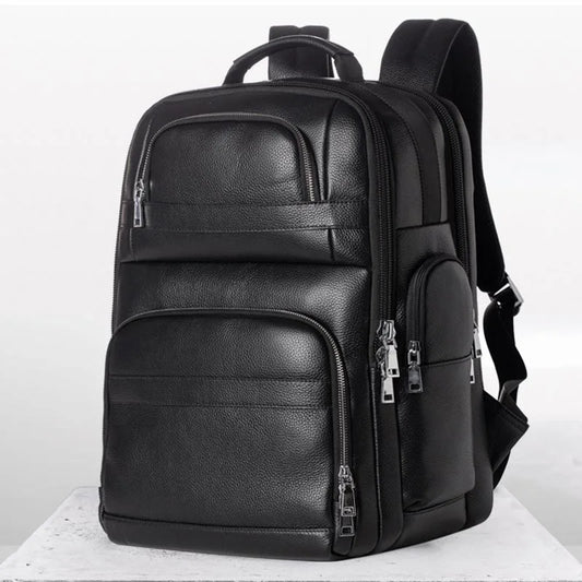 Genuine Leather Backpack USB charging Men Women Waterproof Black Laptop Daypack Student Schoolbag Big man Travel Rucksack