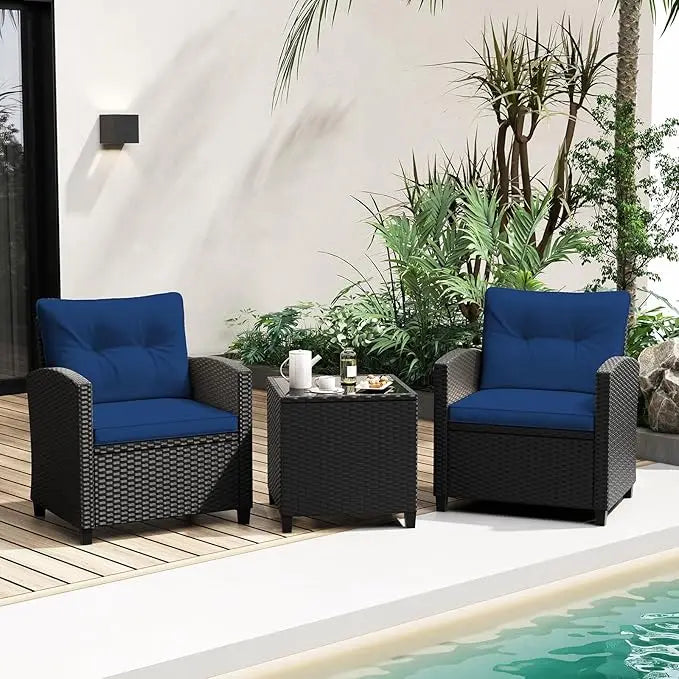 3 Piece Patio Furniture Set, Wicker Bistro Conversation Set w/2 Cushioned Armchairs & Glass Topped Table, Outdoor Rat