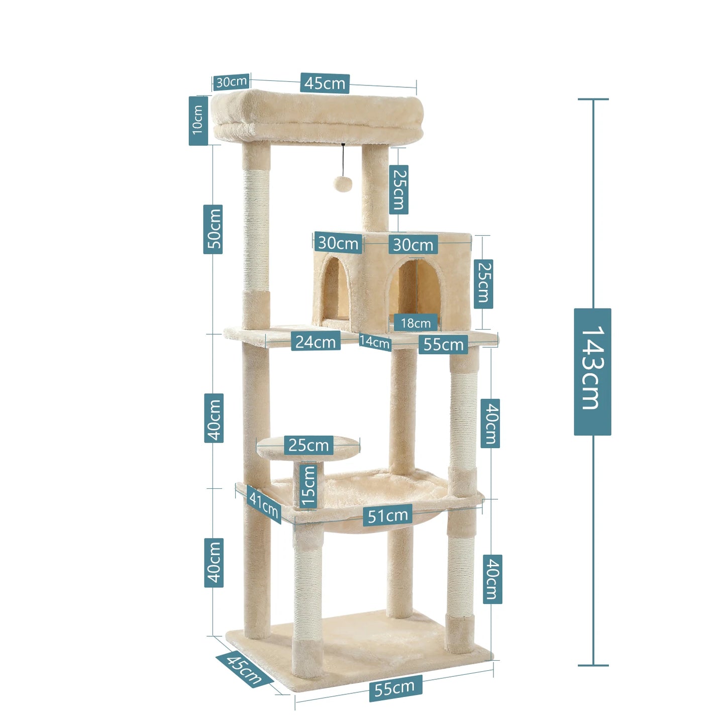 143Cm Tall Multi-Level Cat Tower With Large Hammock (50.8x40.64cm), Sisal Scratching Posts, Cozy Condo & Top Perch  Cat  Tree