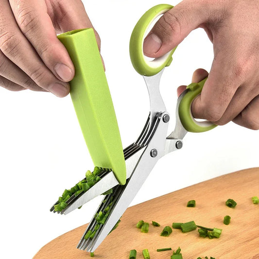 Multi-Layer Stainless Steel Kitchen Scissors – Green Onion & Herb Shears with Safety Cover for Vegetables and Meat kichen tool