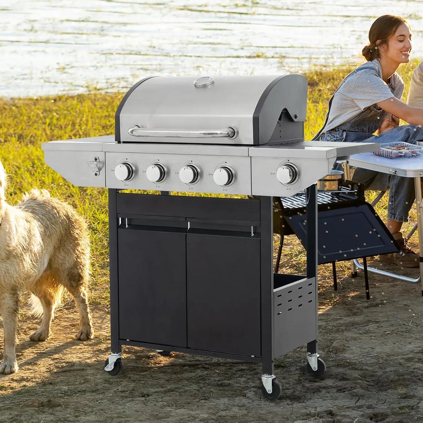 Propane Grill 4 Burner Barbecue Grill Stainless Steel Gas Grill with Side Burner and Thermometer for Outdoor BBQ, Camping
