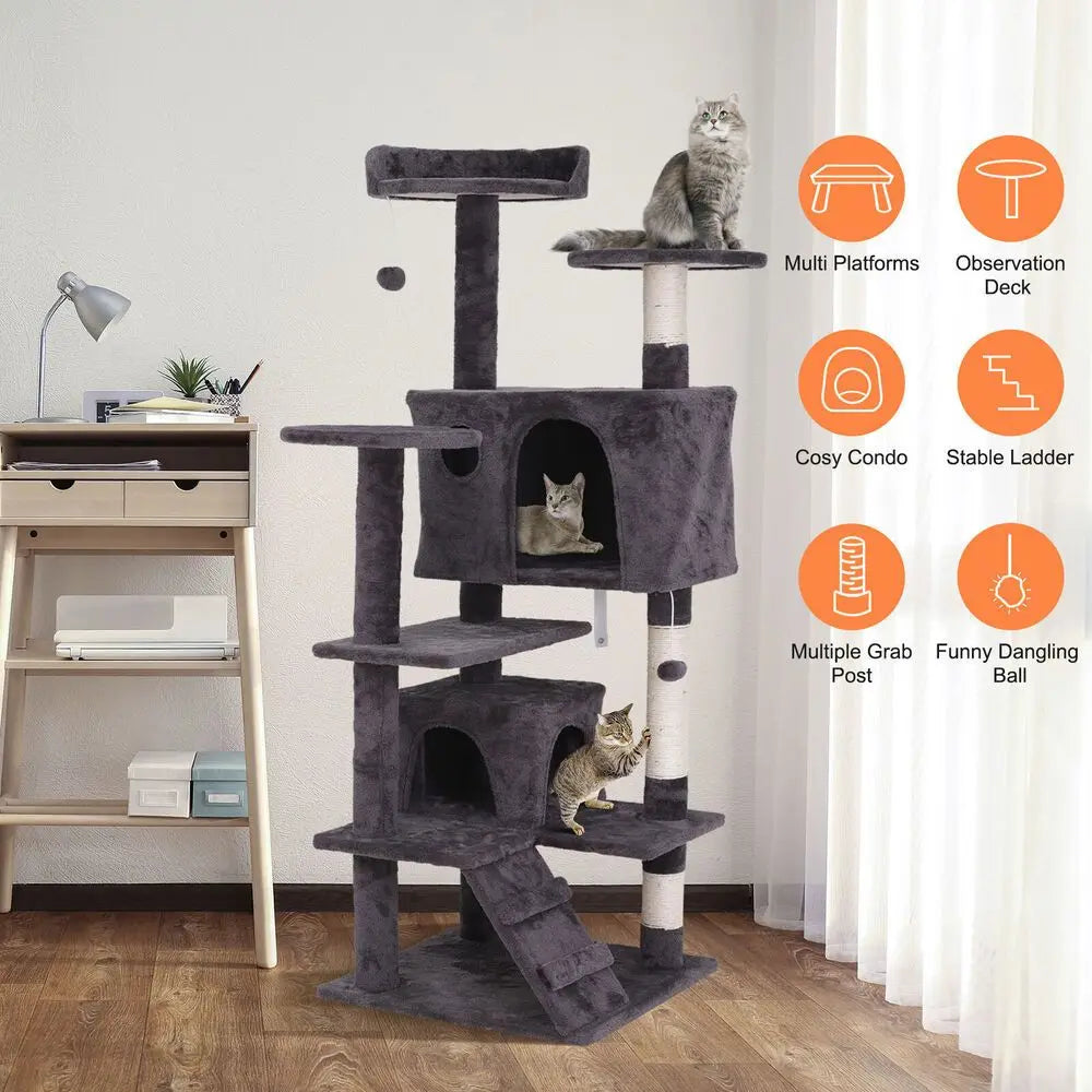 55" Safe Cat Tree Tower Activity Playing House Condo for Cat Rest Cat Furniture