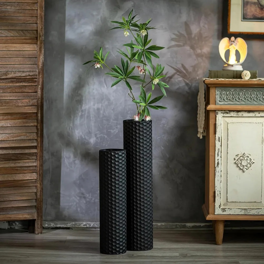 Sziqiqi Black Tall Floor Vase: 27.6/21.7in Metal Cylinder Vases Extra Large Decorative Vase Set of 2 Living Room