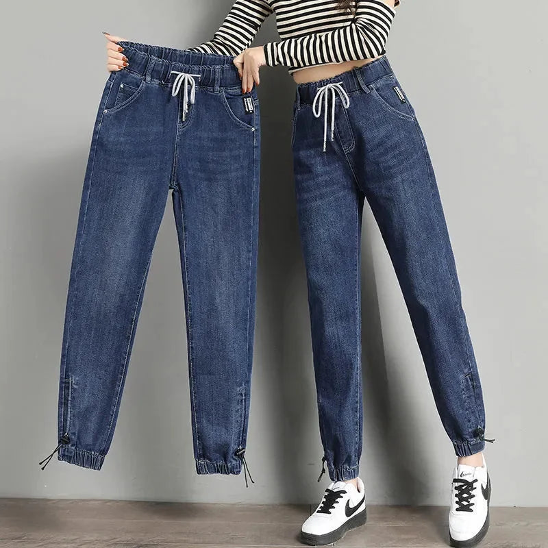 High Waist Denim Harlan Pants Women's Spring Autumn New Loose Elastic waist Jeans Female Loose Student Casual Ankle leng Pants