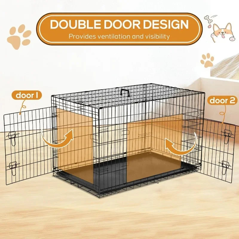 Dog Crate, 30 Inch Medium Wire Kennel with Divider Panel, Metal Cages with Double Door, Leak-Proof Pan Tray, Folding Portable
