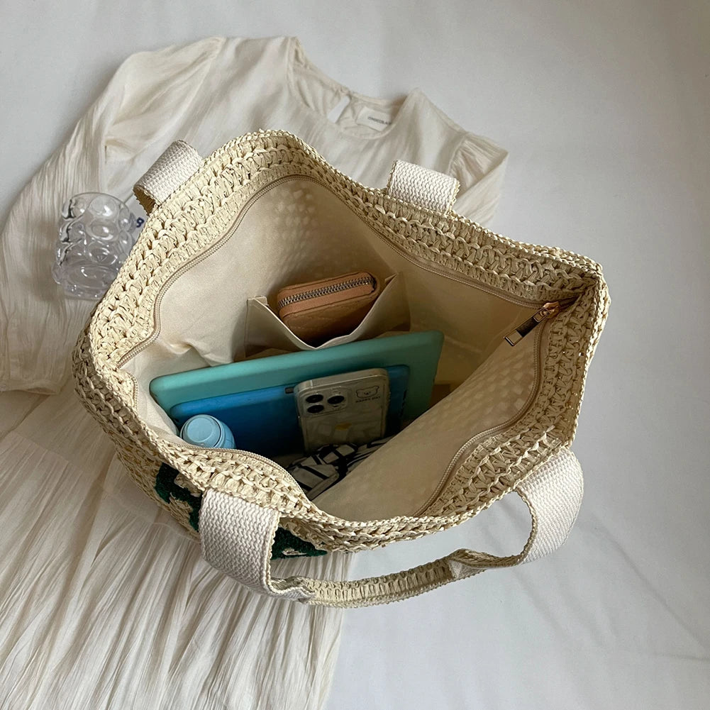 Fashion Hollow Out Straw Weaving Handbag Hand-Woven Beach Shoulder Bag Summer Large Capacity Tote Bag Women Crochet Underarm Bag