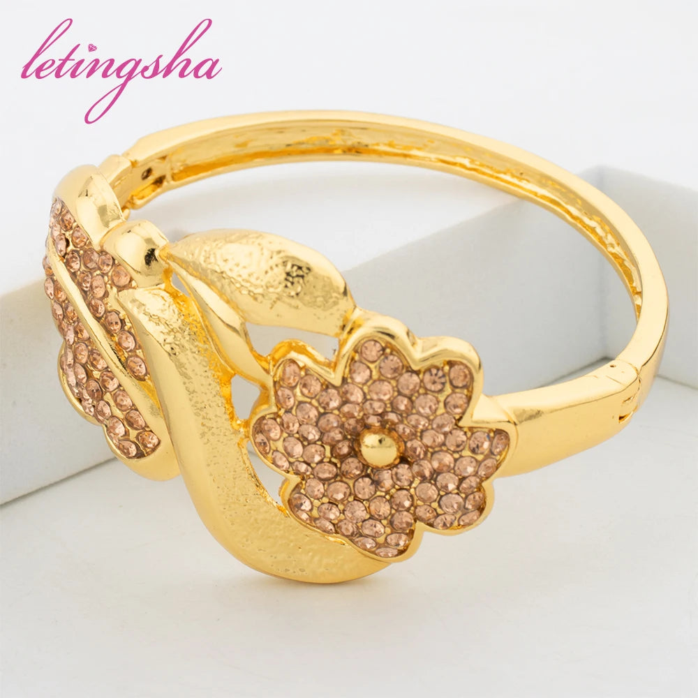 Jewelry Set for Women Dubai Zircon Pendant Clip Earrings Bangle Ring Set Italy Gold Color Bride Jewellery Wedding Party Gift