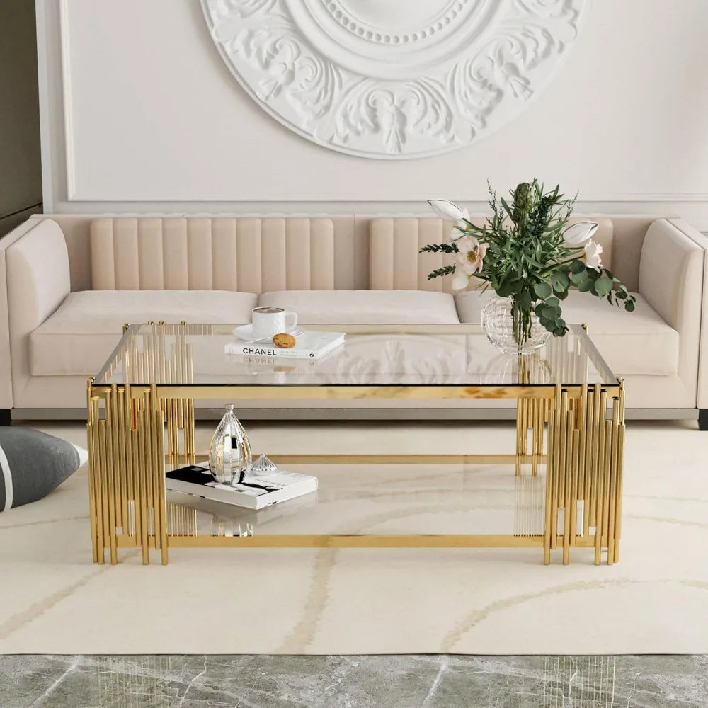 Glass Coffee Table Modern Living Room Table Gold Stainless Steel Metal Leg 51" Rectangular Clear Tempered