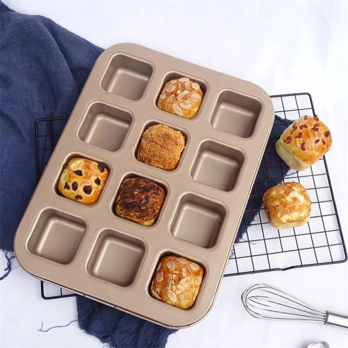 Set of 12 Durable Non-Stick Square Mini Household Baking Pan Oven Trays Tools for Bread Burger Muffin Cupcake - Convenient Cake