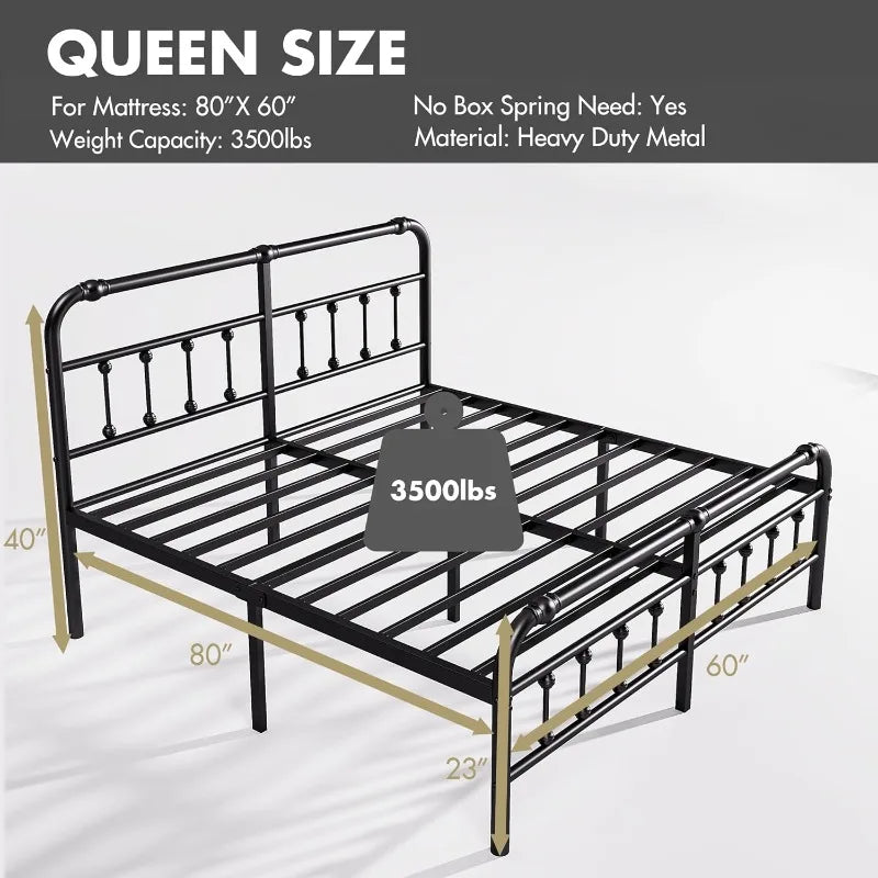 Metal Queen Size Bed Frame with Headboard and Footboard, 14 Inch High, 3500 Pounds Support, Non-Slip and Noise-Free