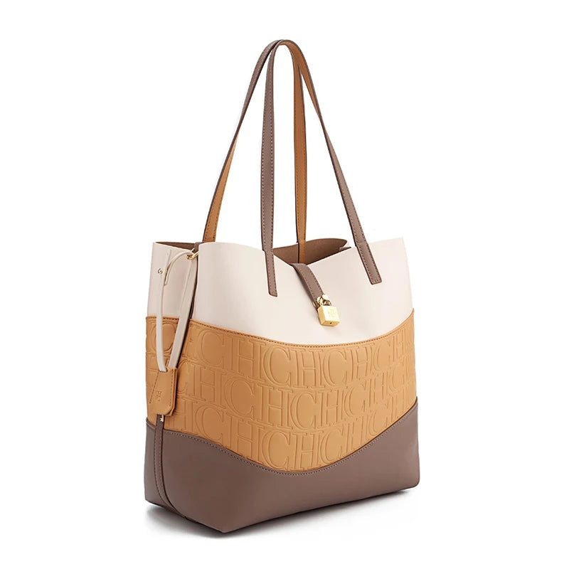 CH Versatile Trend Tote Bag Leather Solid Color Splicing Large Capacity Crossbody Bag Simple Fresh Style Commuting Shoulder Bag